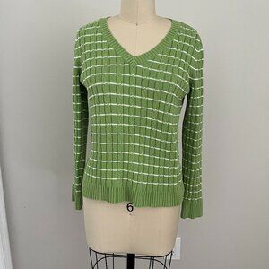 KATE HILL Women's Cable Knit Lime/White Striped Cotton V Neck Sweater Size XS